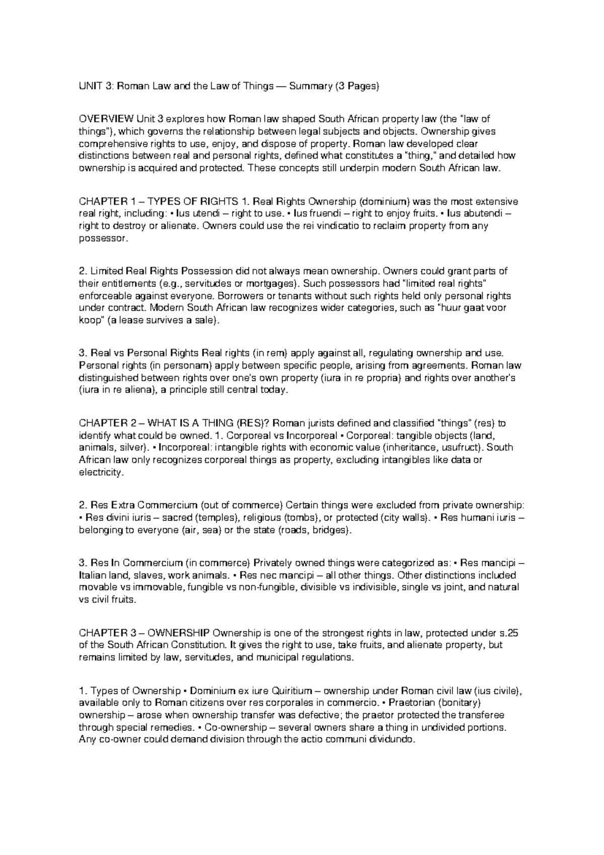 UNIT 3: Roman Law and Property Rights Overview Summary - Studocu