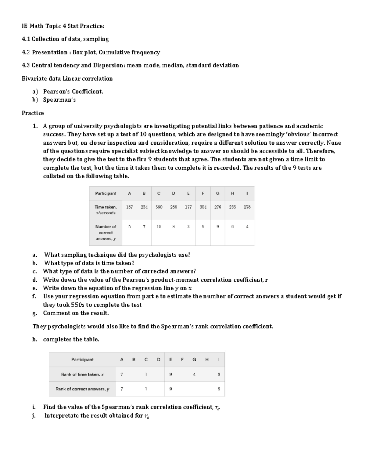 Cumulative practice coefficient -1 - IB Math Topic 4 Stat Practice: 4 ...