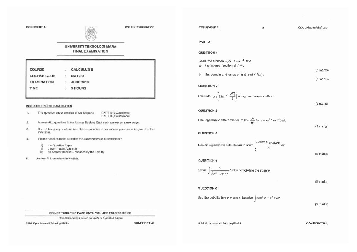 Final Exam MAT233: Calculus II Past Year Questions Compilation - Studocu