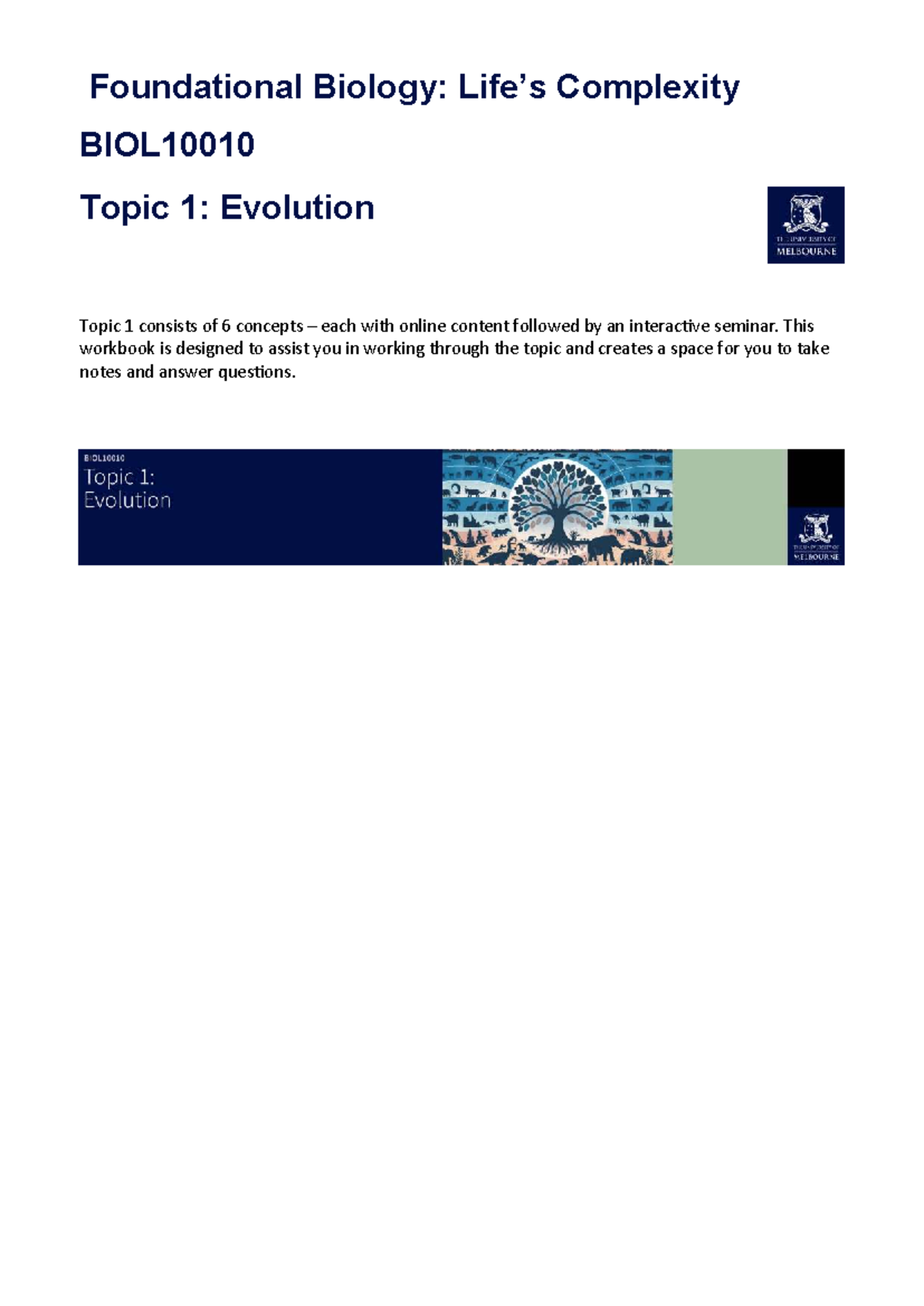BIOL10010 Topic 1: Evolution Worksheet & Notes for Week 2 - Studocu