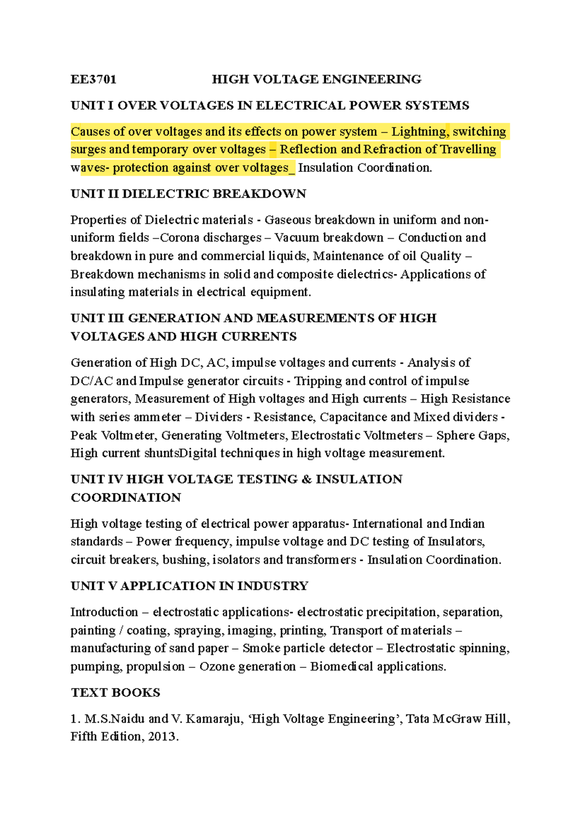 Syllabus SEM 7 - EE3701 HIGH VOLTAGE ENGINEERING UNIT I OVER VOLTAGES ...