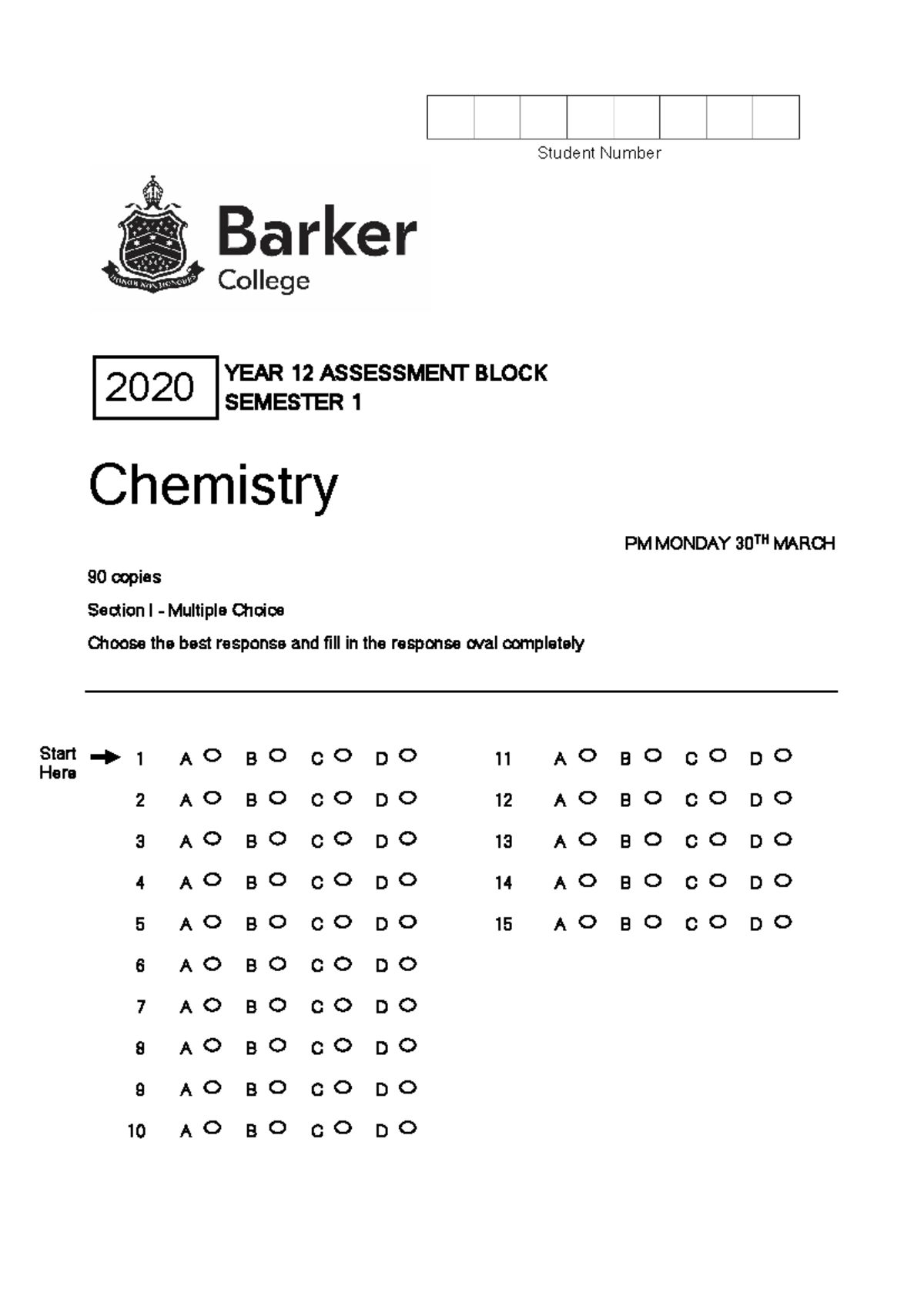 2020 Yr 12 Chemistry Semester 1 Assessment: Multiple Choice & Short ...