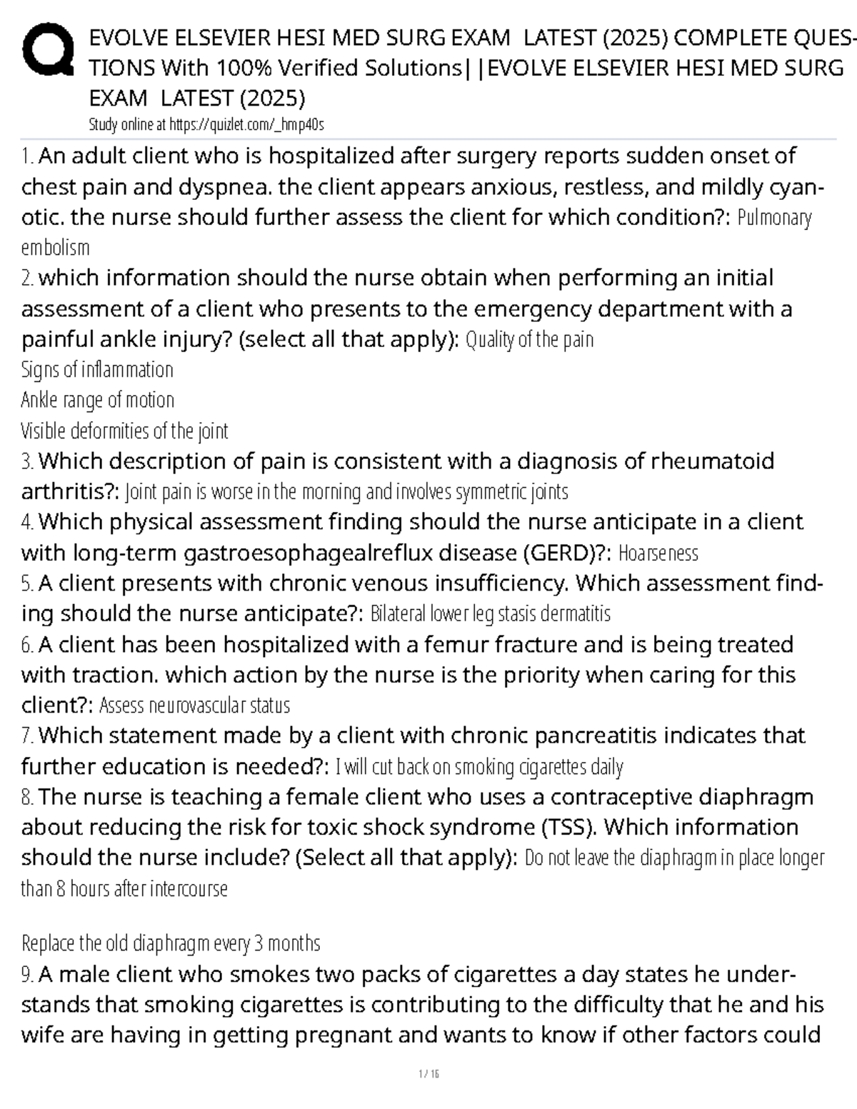 EVOLVE HESI MED SURG EXAM 2025: Complete Study Questions & Answers ...