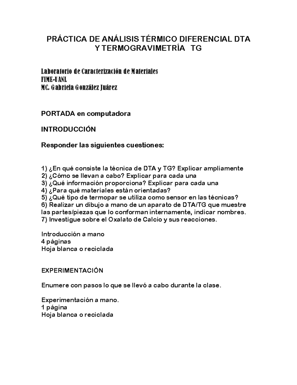 Práctica DTA TG - pratica - PRÁCTICA DE ANÁLISIS TÉRMICO DIFERENCIAL ...