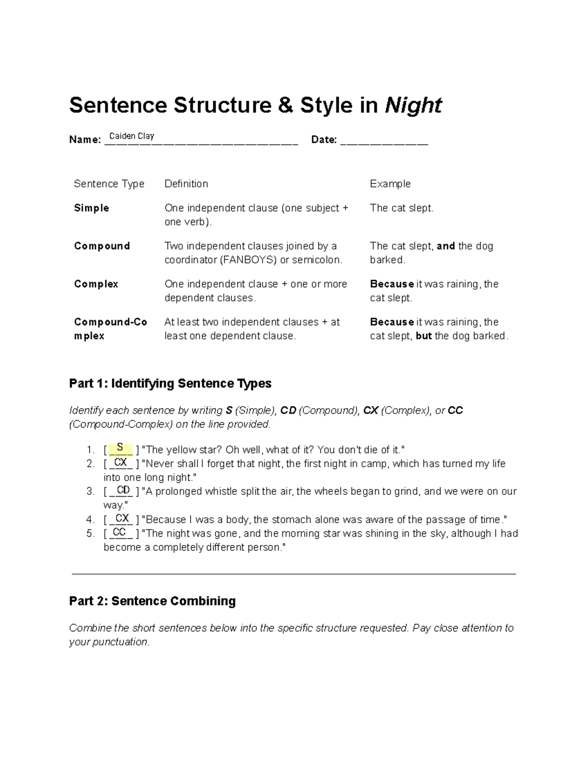 Caiden Clay - Sentence Structure & Style Analysis in Night - Studocu
