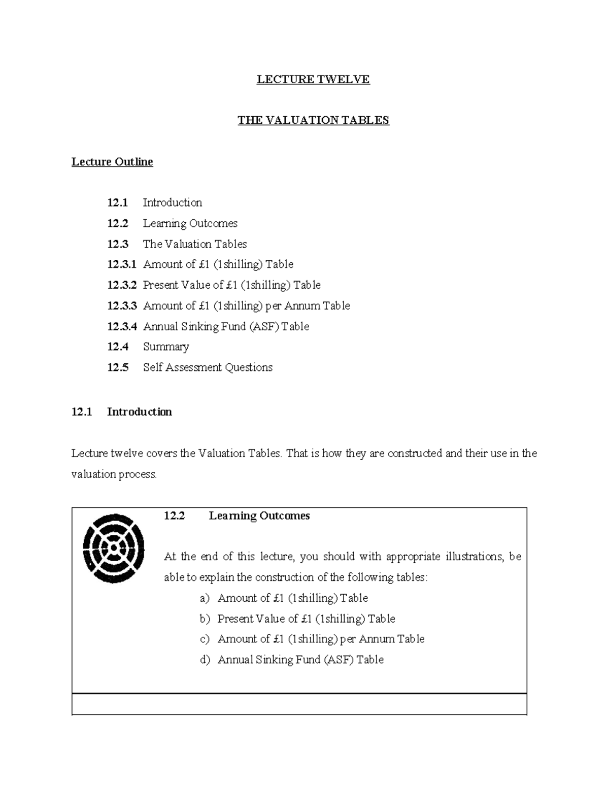 Valuation Notes- Lecture Twelve - LECTURE TWELVE THE VALUATION TABLES ...