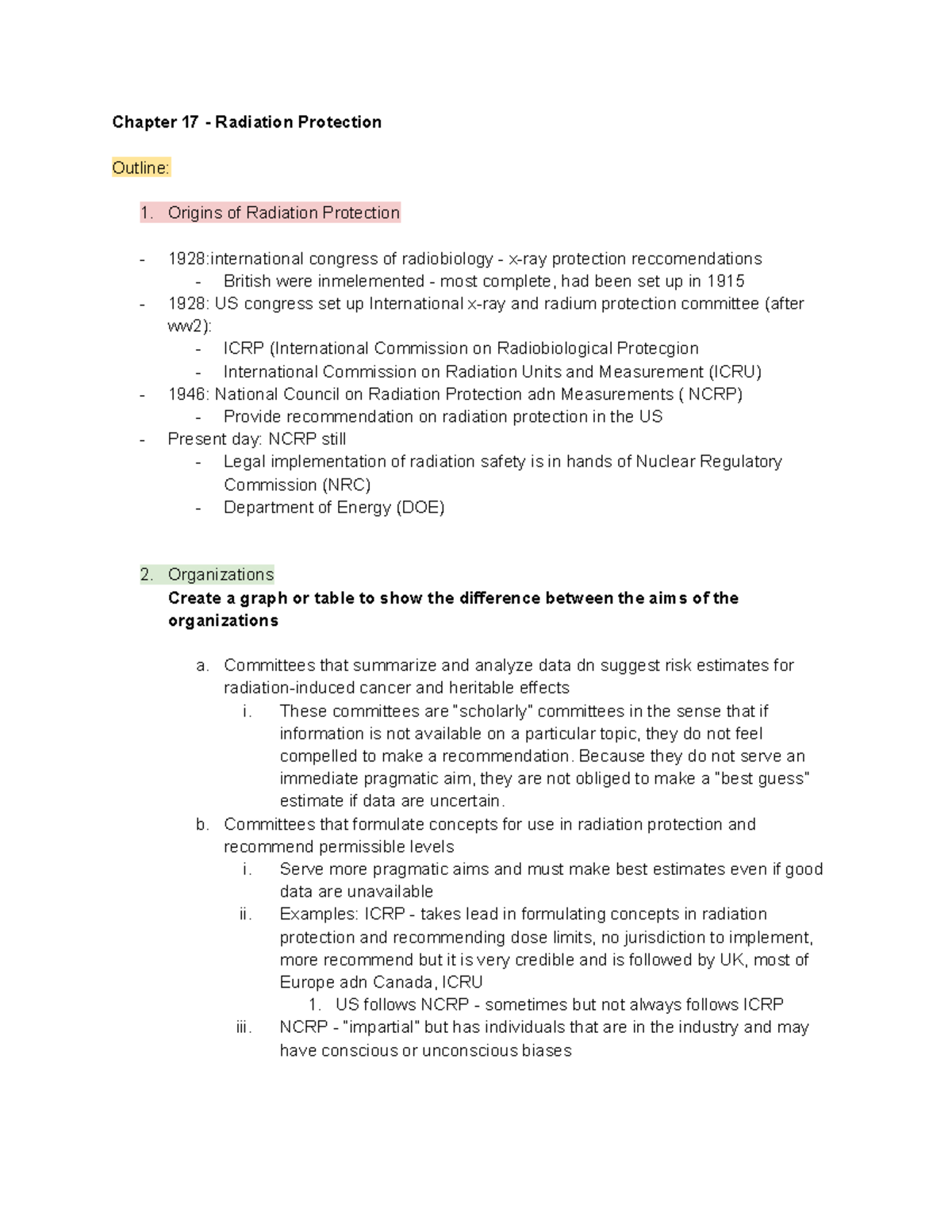 chapter 17 notes - Chapter 17 - Radiation Protection Outline: Origins ...