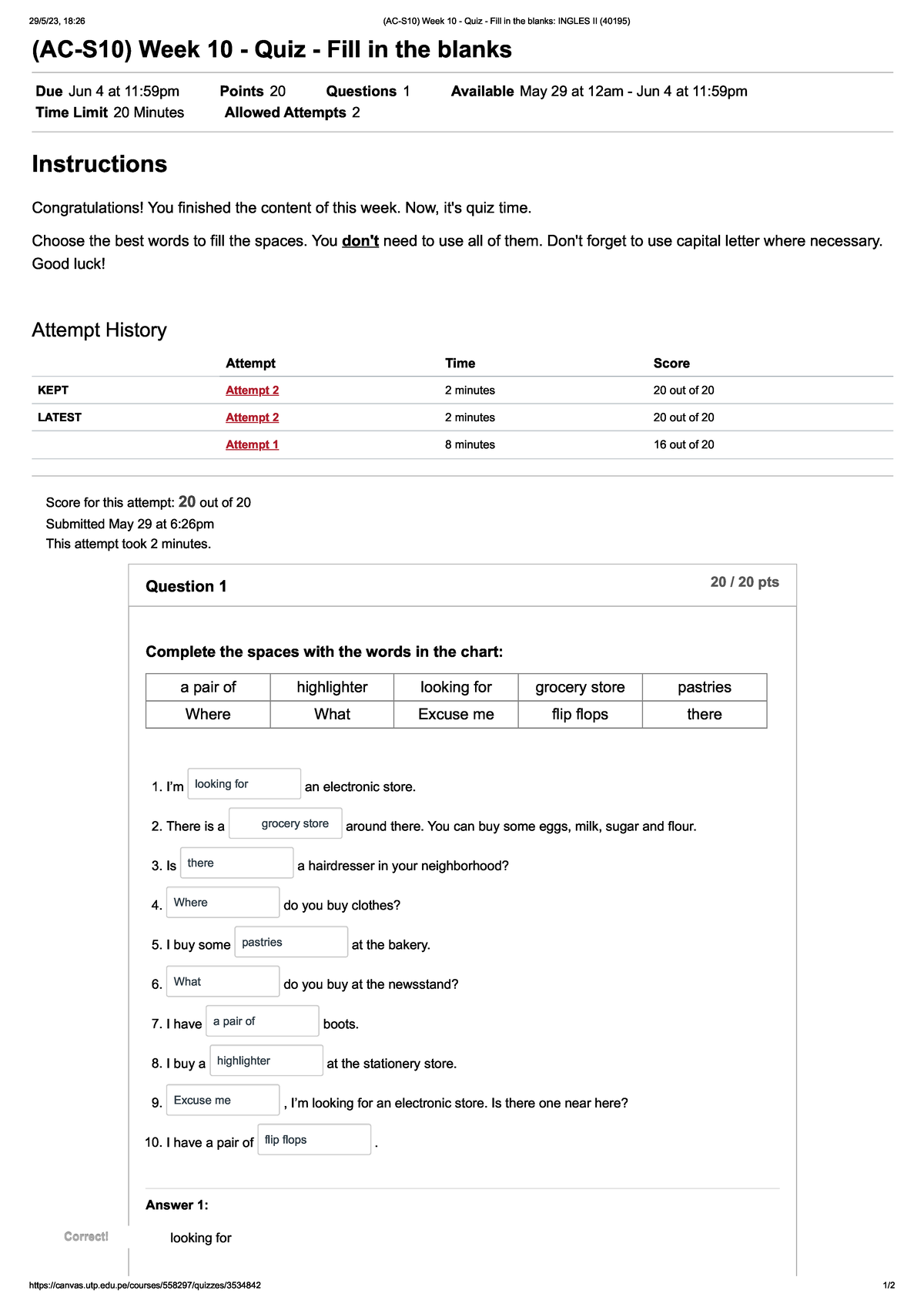 (AC-S10) Week 10 - Quiz - Fill in the blanks Ingles II (40195) - - Studocu