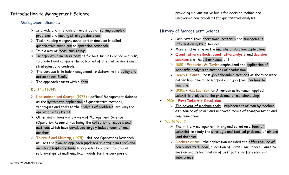 Introduction to Management Science: Key Concepts and History - Studocu
