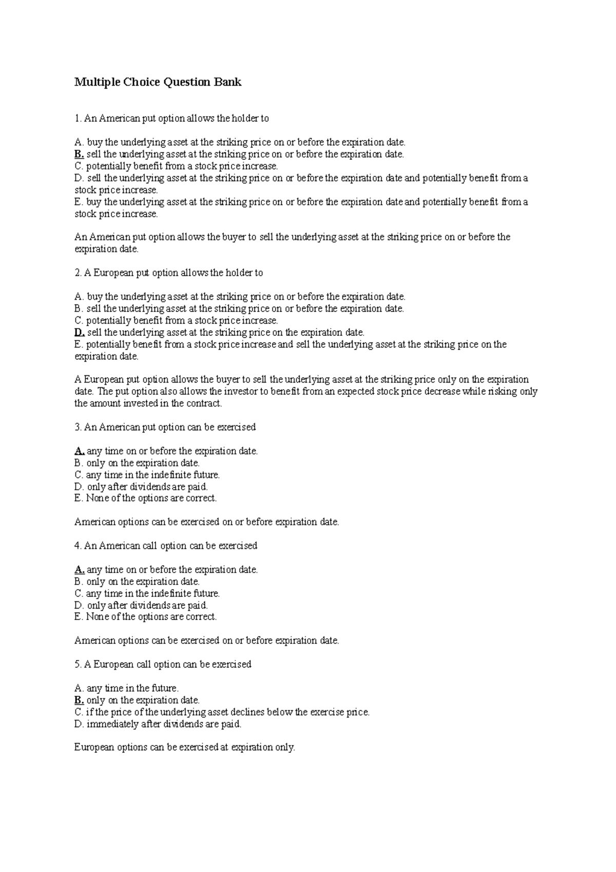 Options Market Test Bank for Finance Course (FIN 101) - Studocu