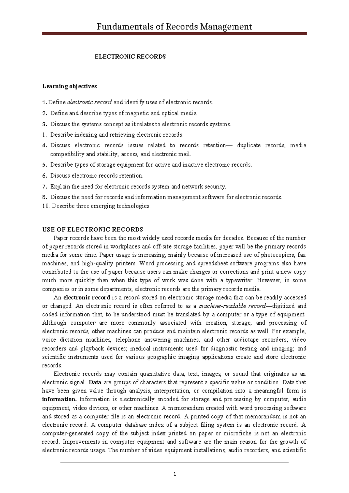 ELECTRONIC RECORDS MANAGEMENT: Lecture Notes & Key Concepts - Studocu