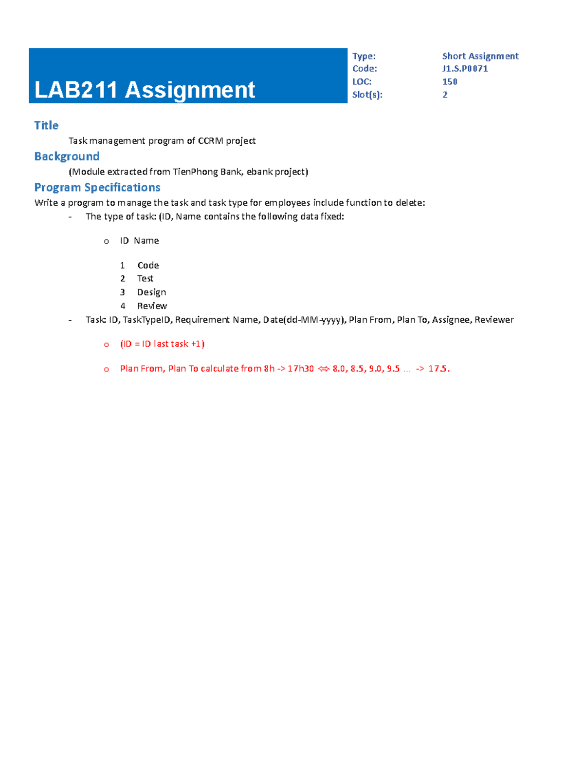 LAB211 Short Assignment: Task Management Program for CCRM Project - Studocu
