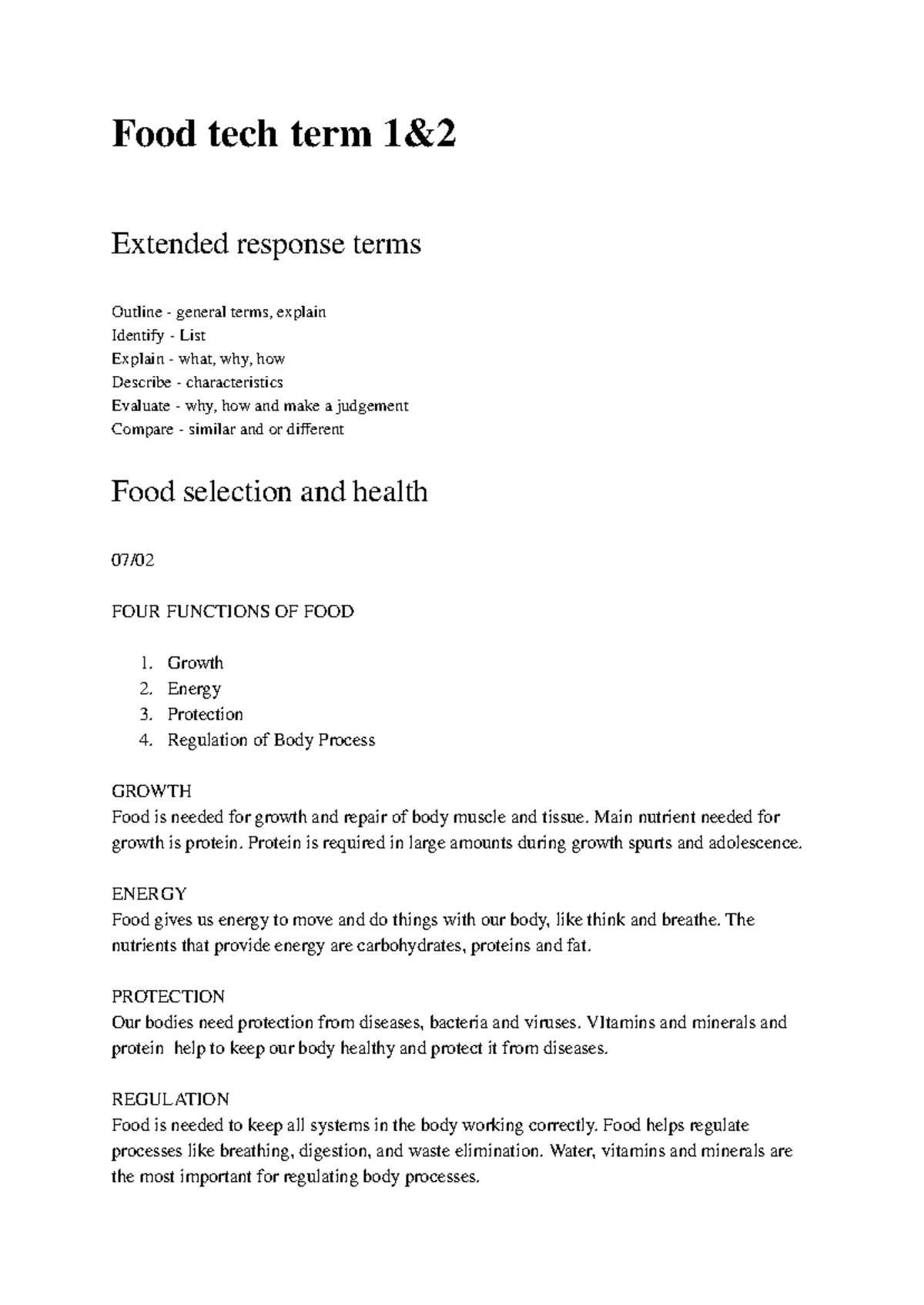Food tech term 1 - food tech notes for term 1 and 2 - Food tech term 1 ...