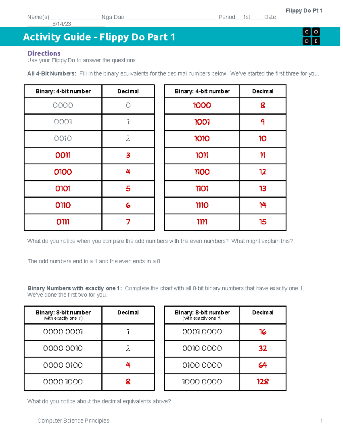 CS 101: Flippy Do Activity Guide - Binary Numbers & Conversions - Studocu