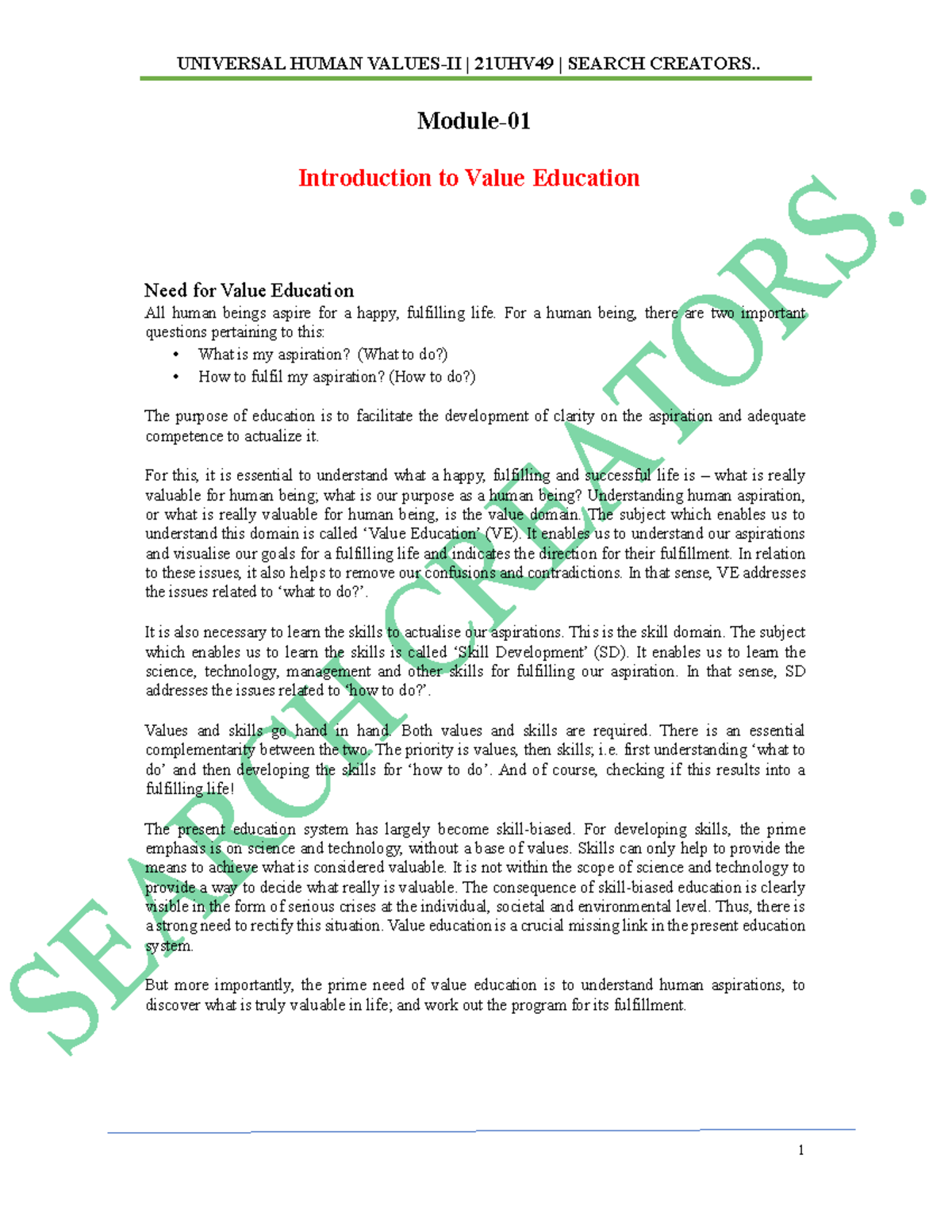 Module-01: Understanding the Importance of Value Education - Studocu