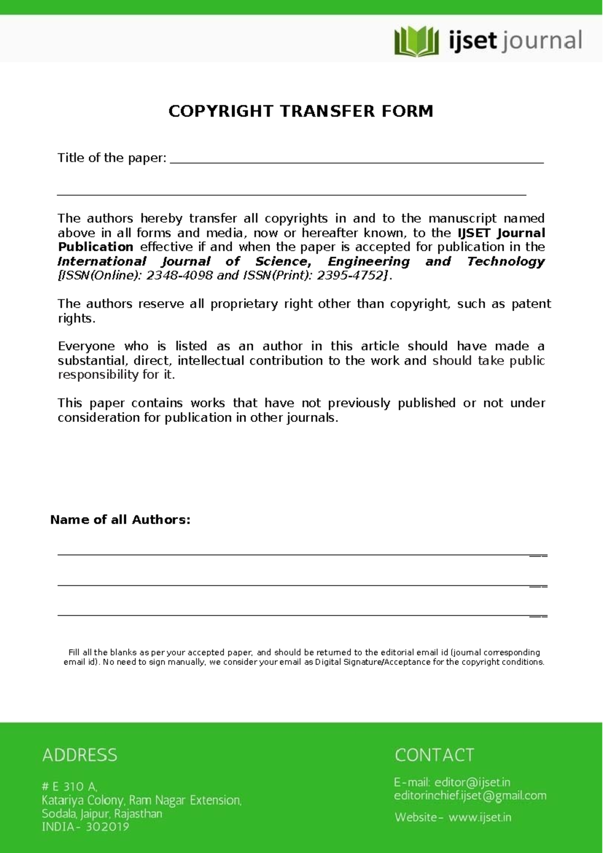 IJSET Copyright Transfer Form for Manuscript Submission 2024 - Studocu