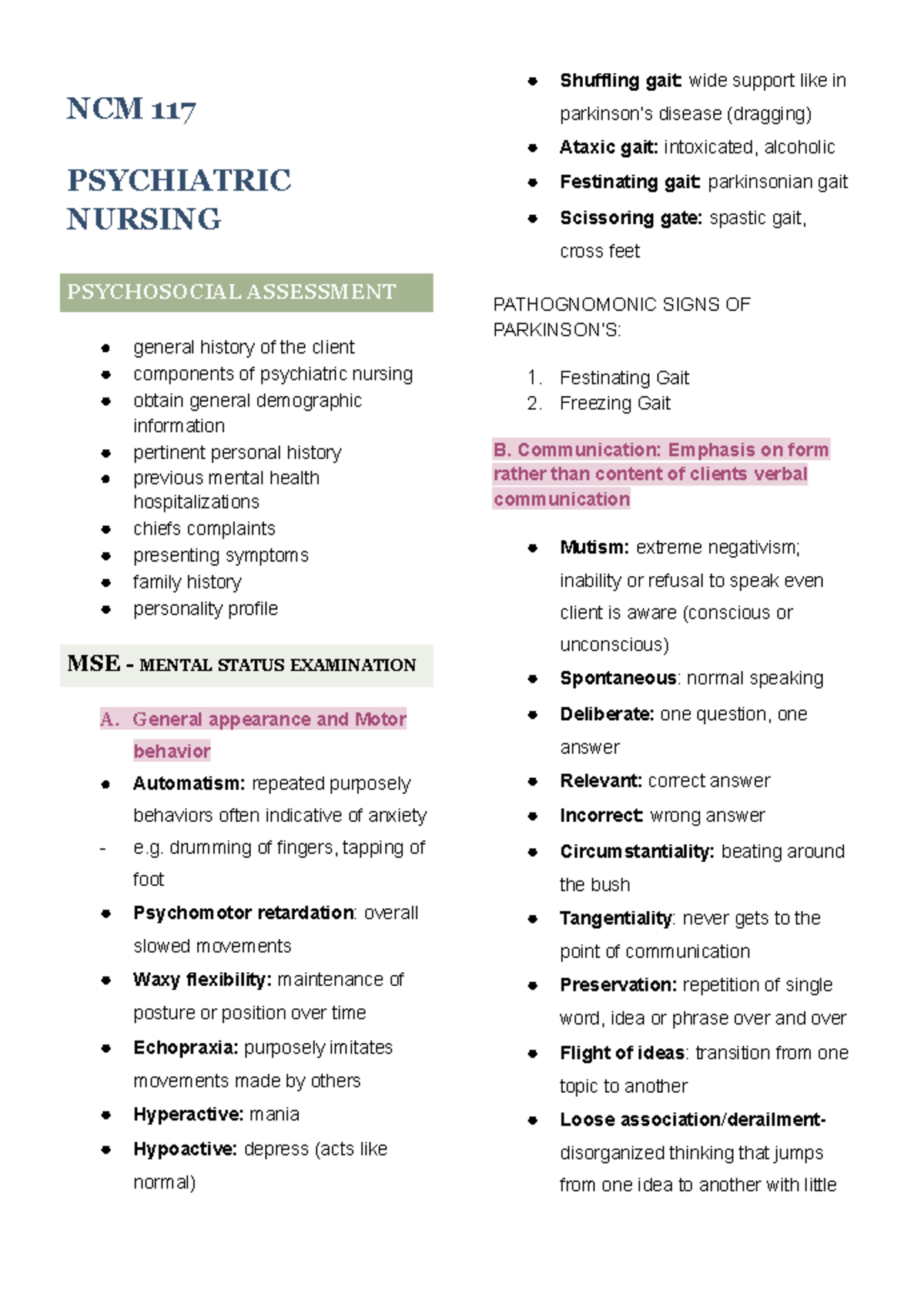 NCM 117 Psych LECTURE NOTES - NCM 117 PSYCHIATRIC NURSING PSYCHOSOCIAL ...
