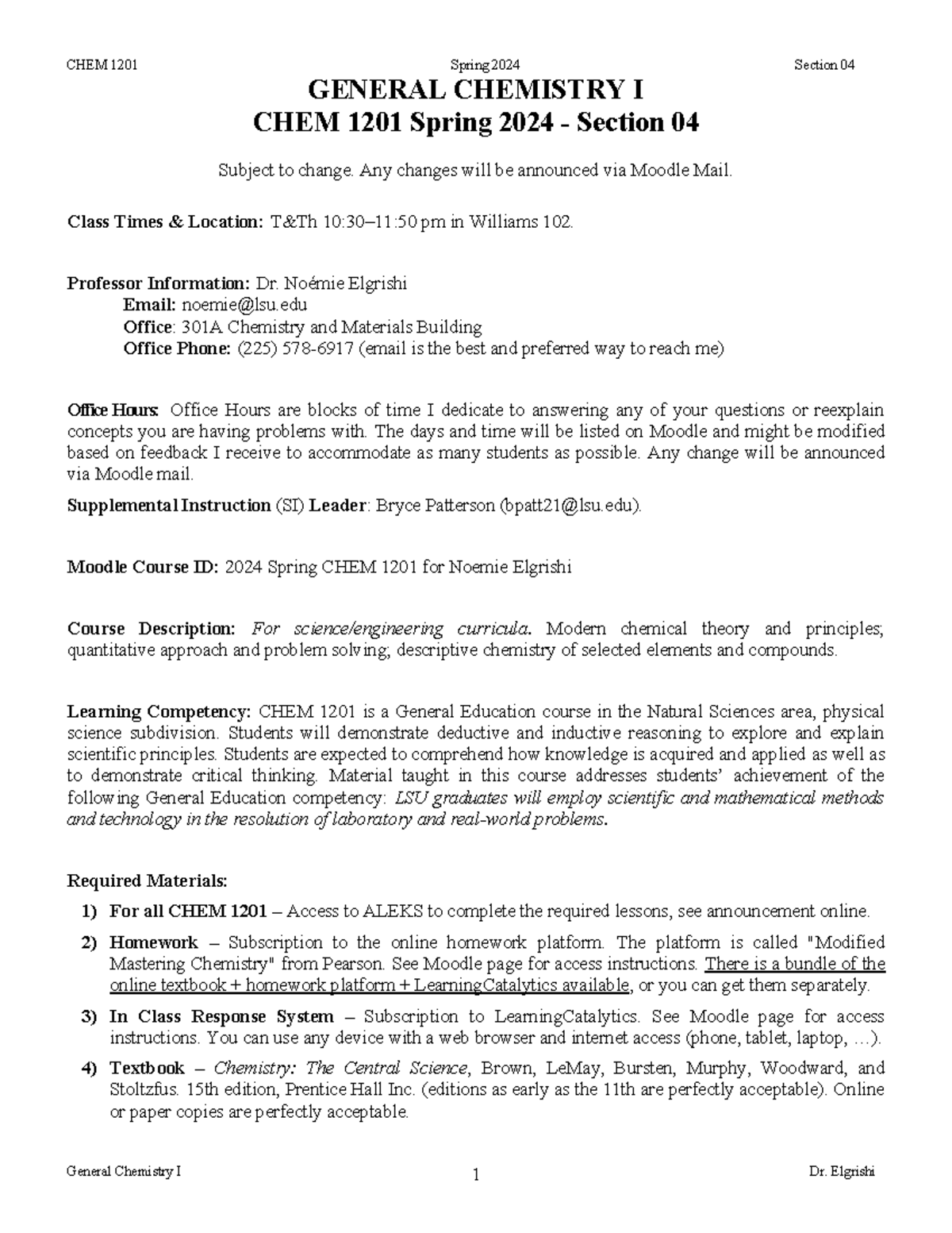 Syllabus for CHEM 1201: General Chemistry I, Section 05 - Spring 2024 ...