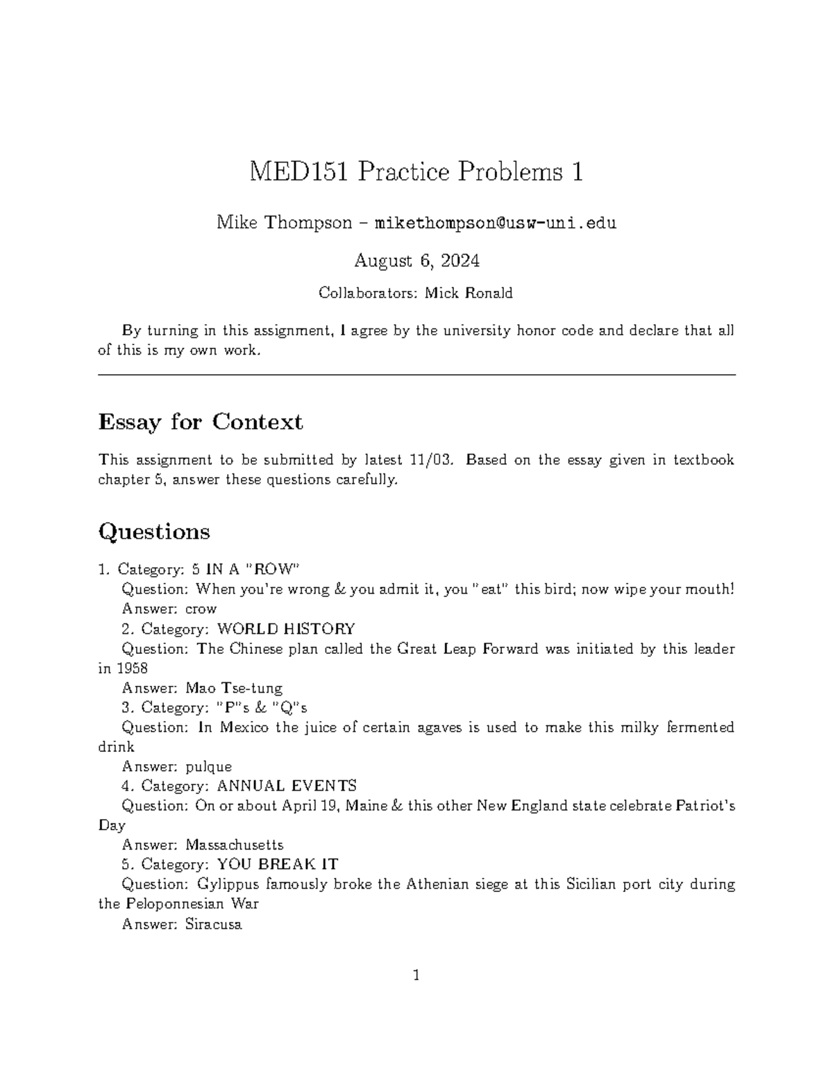 MED151 Practice Problems 1: Quiz Questions and Answers - Studocu