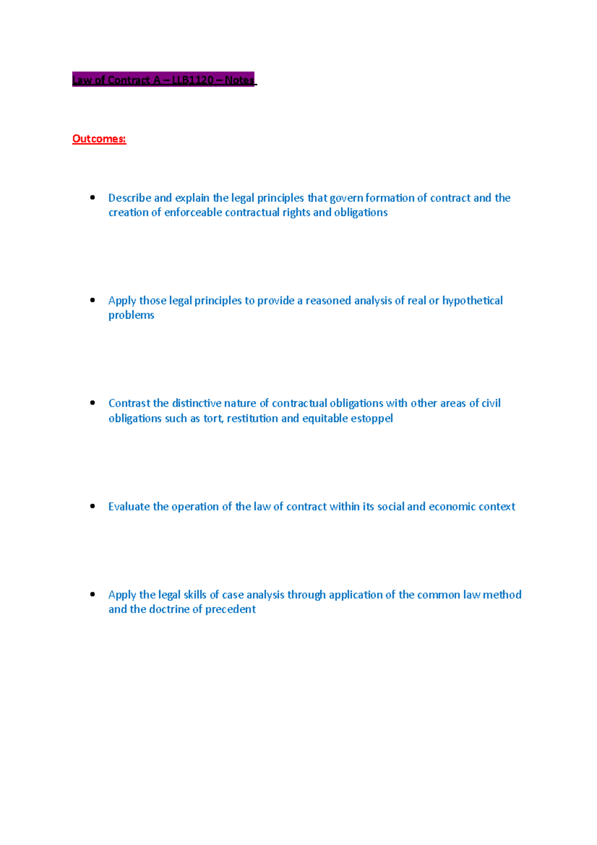 Law of Contract A – LLB1120 – Notes - Law of Contract A – LLB1120 ...