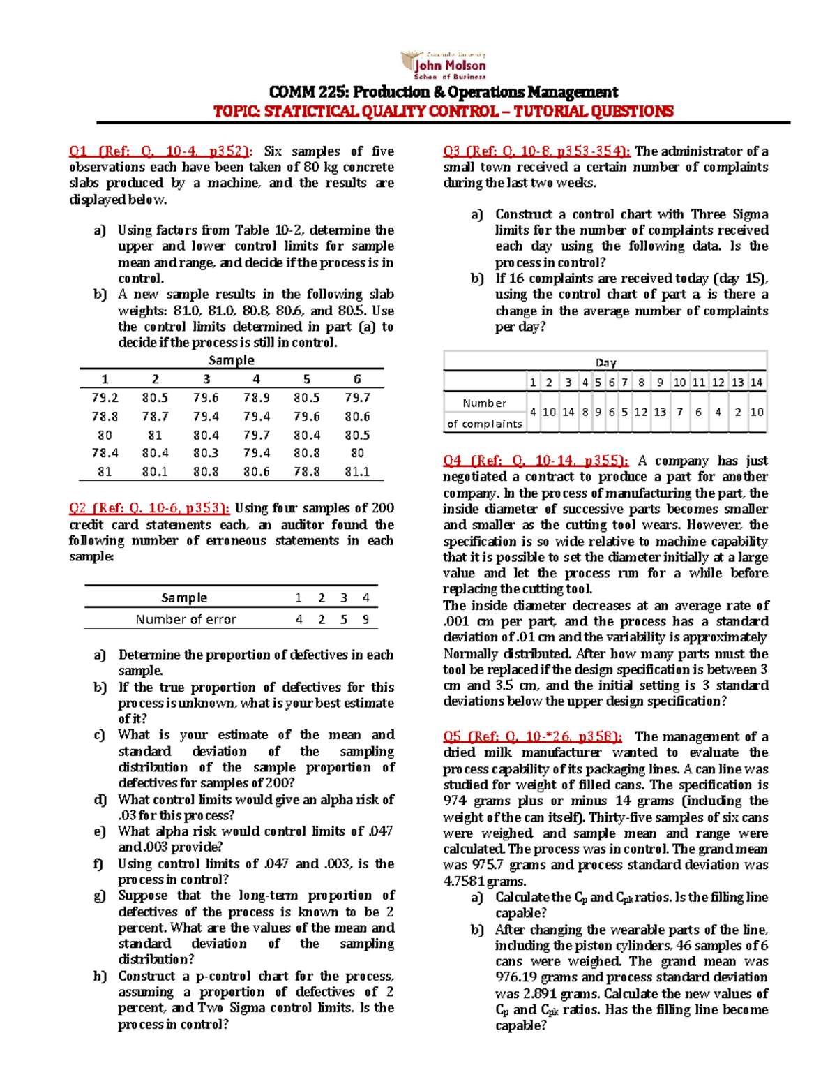 COMM 225: Statistical quality control tutorial questions and solutions ...