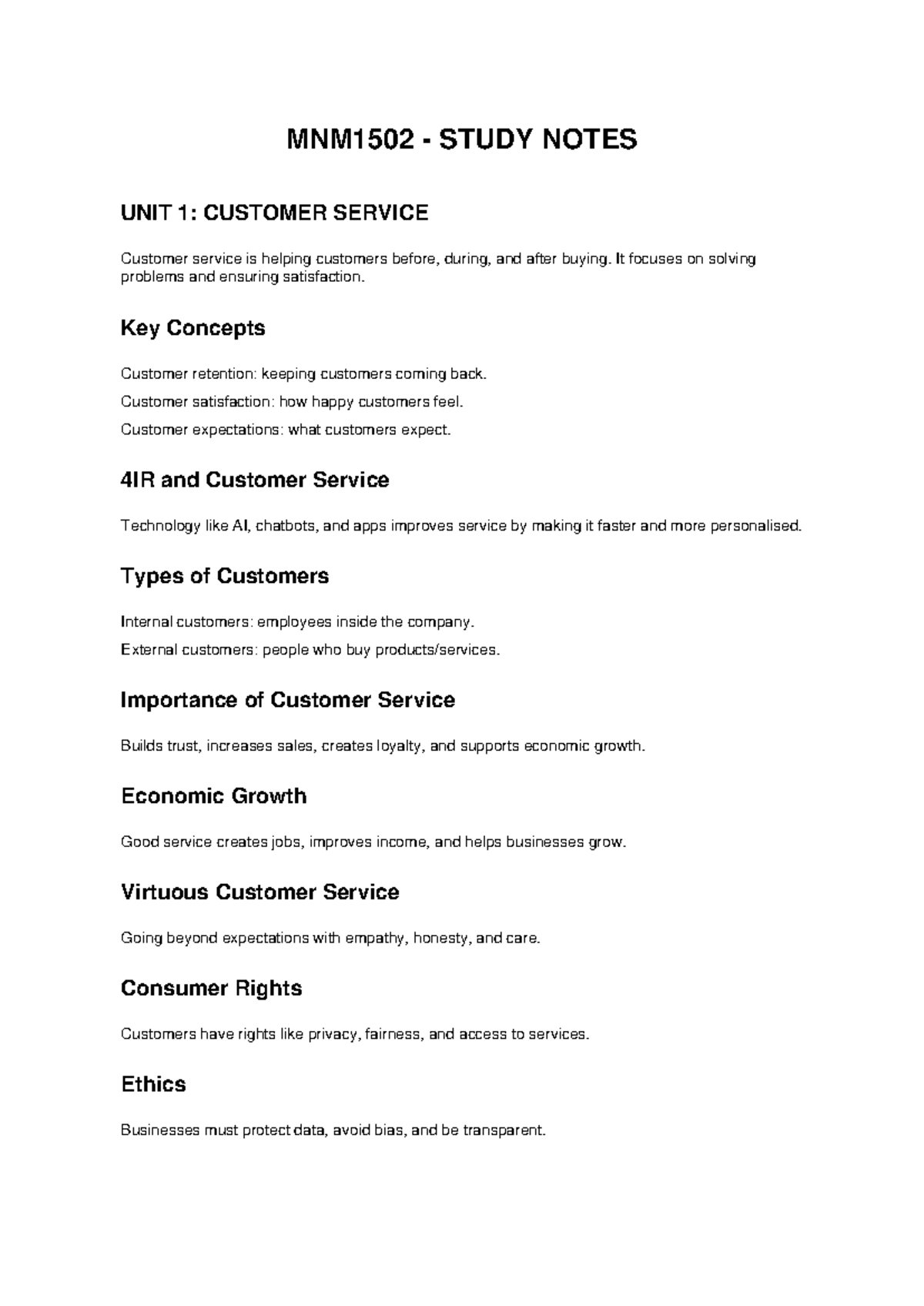 MNM1502 Study Notes: Unit 1 - Customer Service Essentials - Studocu