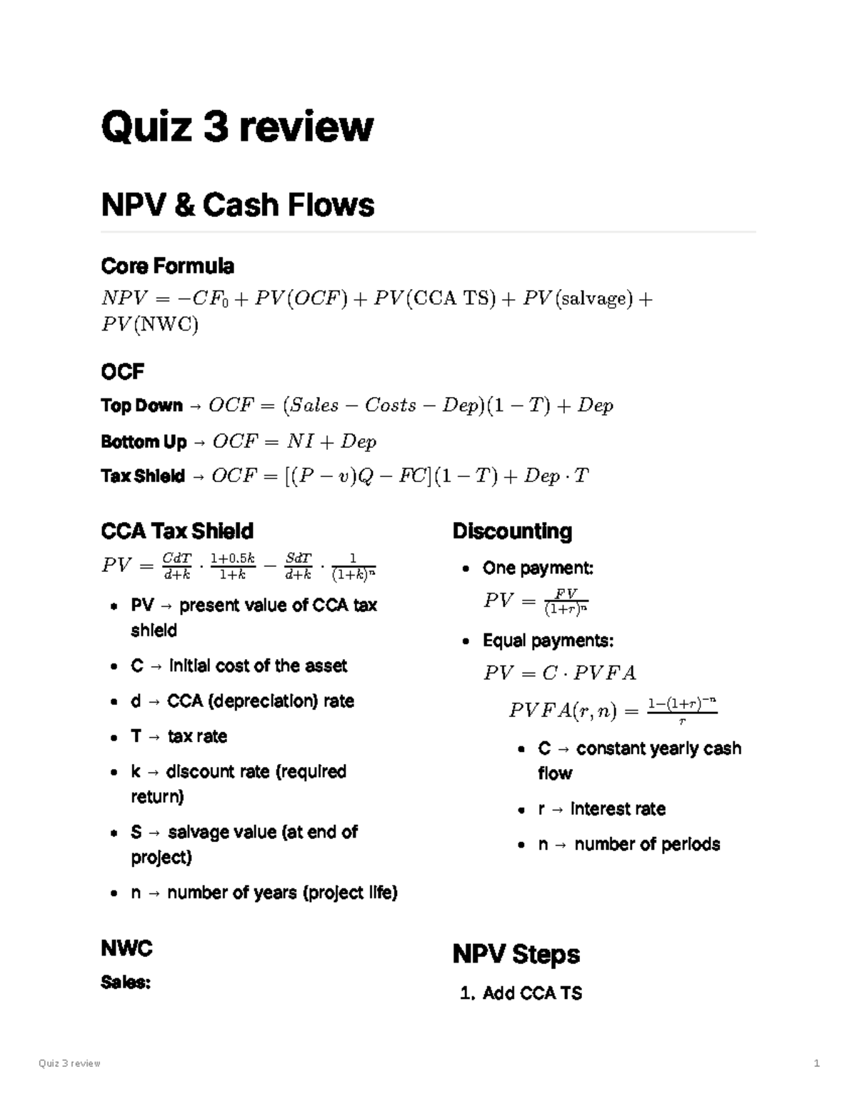 ADM 2350 Quiz 3 Review: NPV, Cash Flows, and OCF Formulas - Studocu