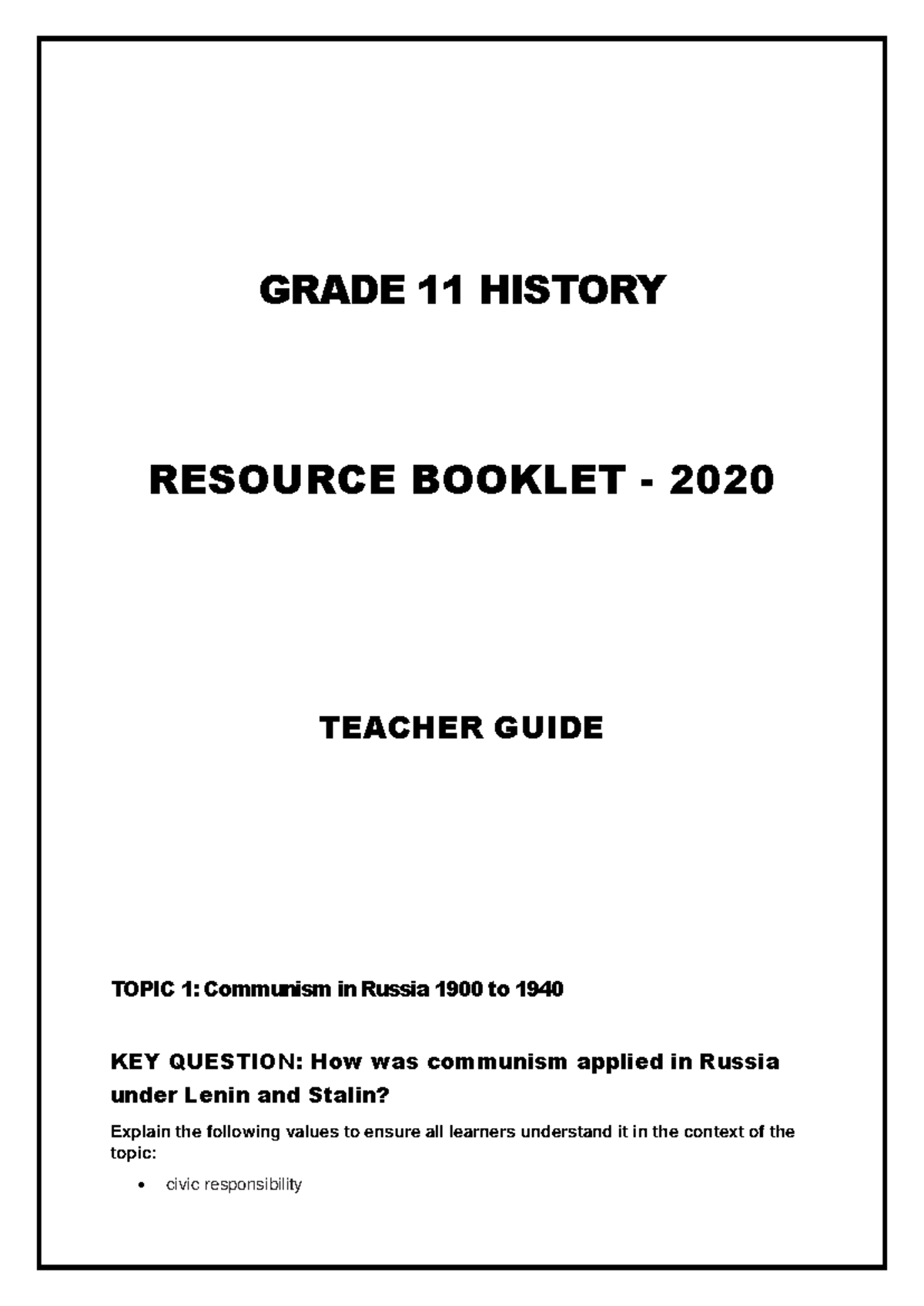 Grade 11 History Resource Pack: Communism in Russia (1900-1940) - Studocu