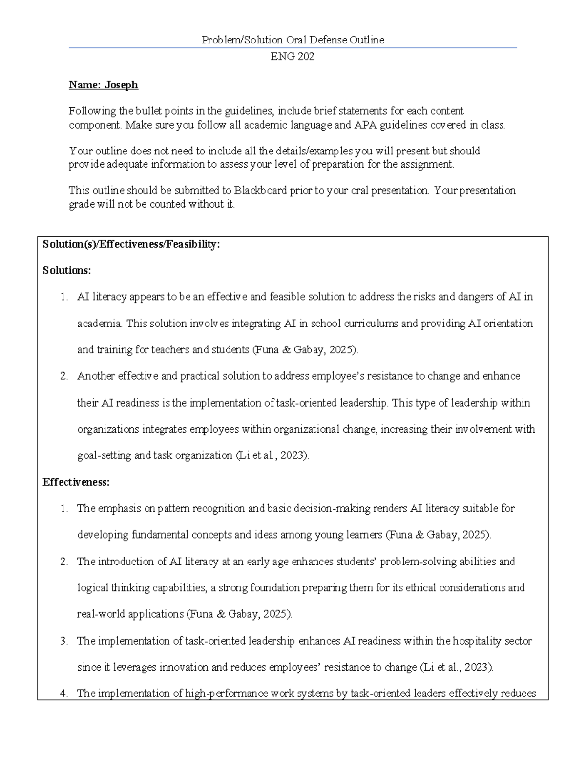 ENG 202 Problem/Solution Oral Defense Outline by Joseph - Studocu
