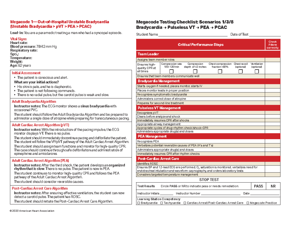 ACLS Megacode Testing Scenarios (Bradycardia, VF, PEA, 2020) - Studocu