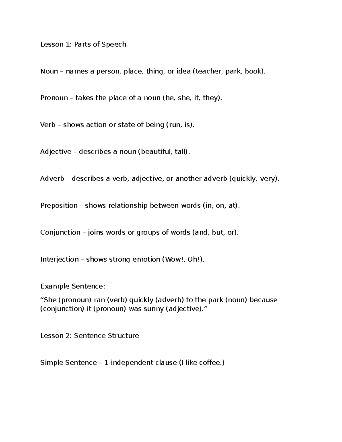 Inbound 804: Lesson on Parts of Speech and Sentence Structure - Studocu