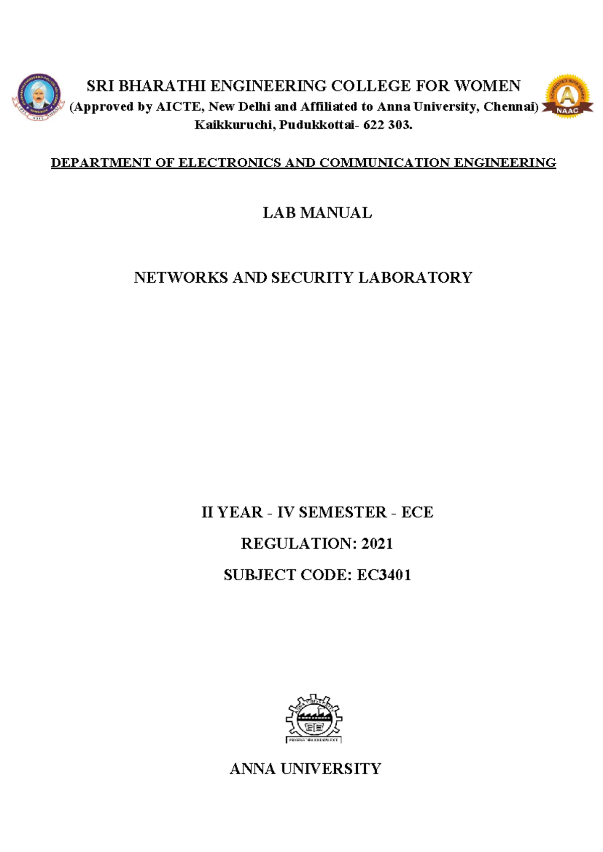 NS Lab Manual for EC3401: Networks and Security (II Year, IV Sem) - Studocu