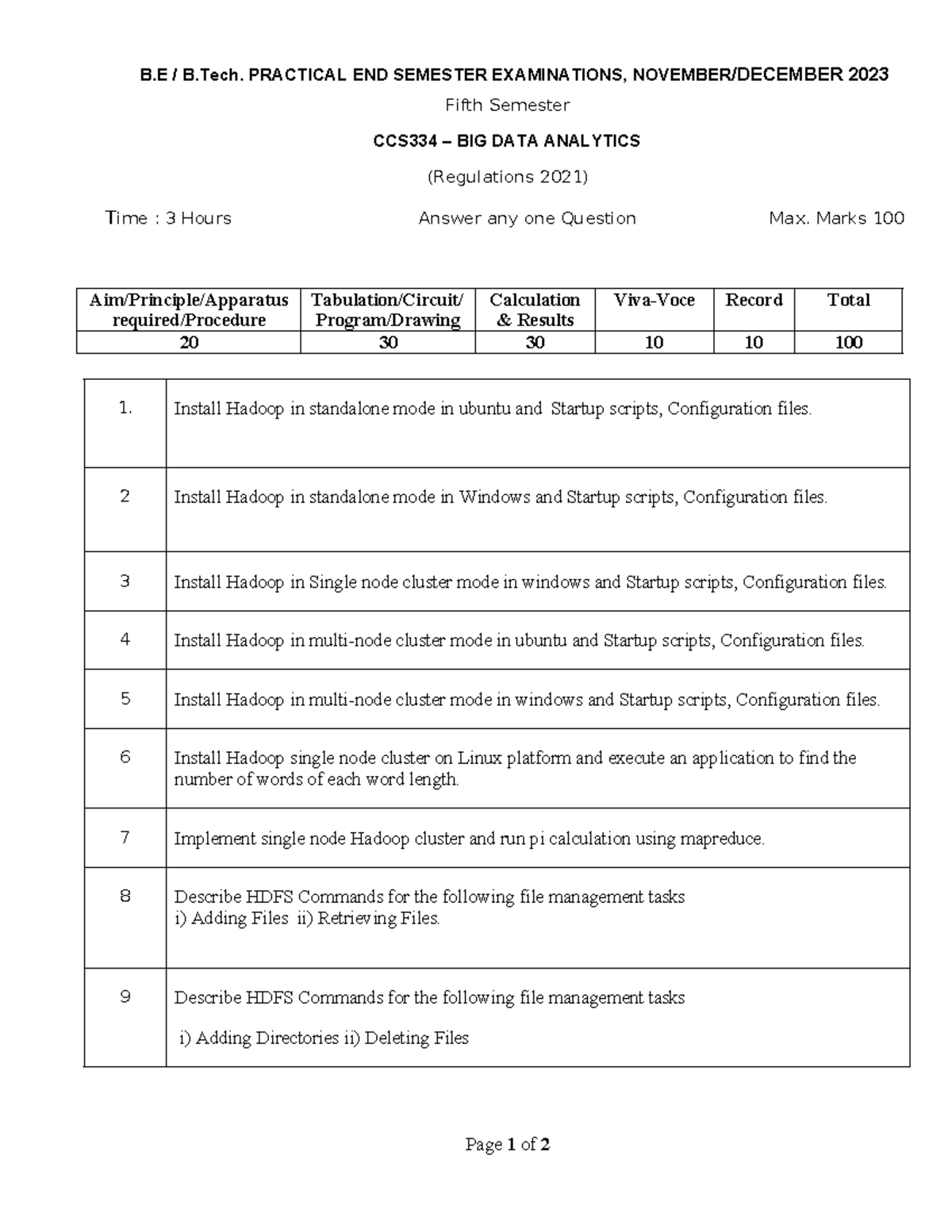 B.E B.Tech. CCS334 Big Data Analytics Practical Exam Ques Set 3 - Studocu