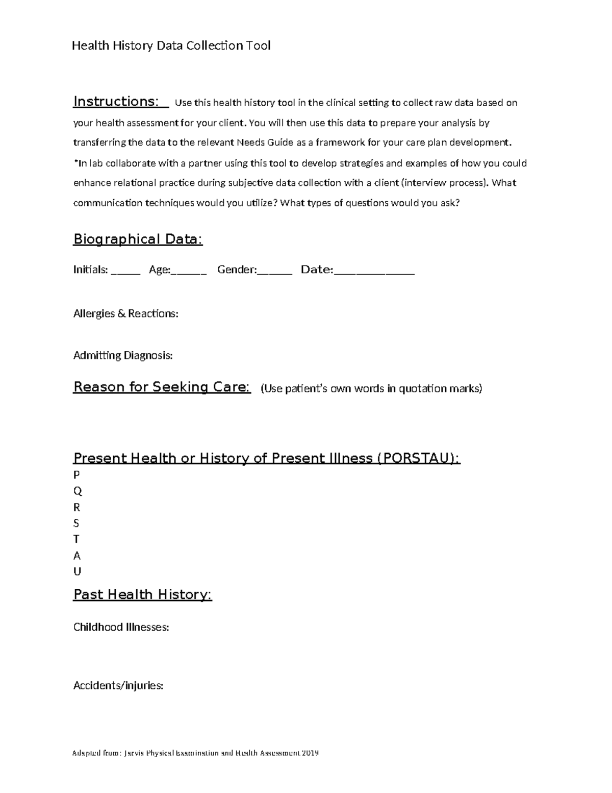 health history collection - Instructions: Use this health history tool ...