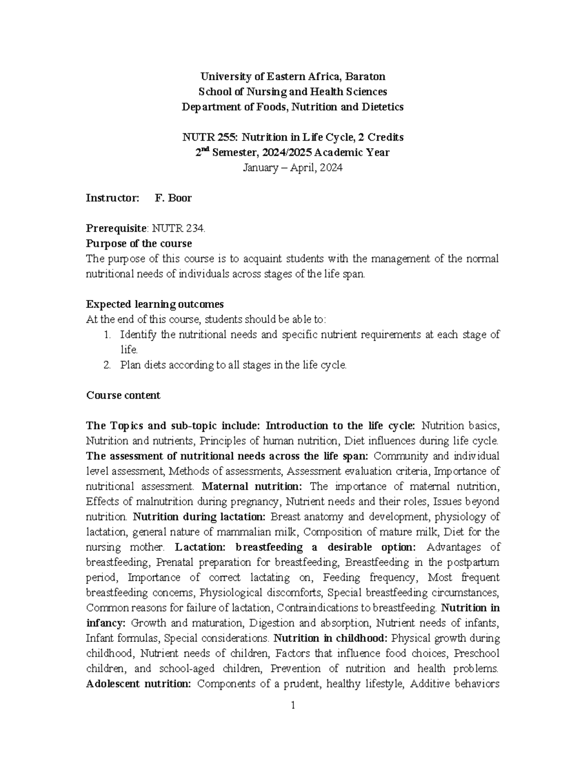 NUTR 255 Nutrition in life cycle - University of Eastern Africa ...