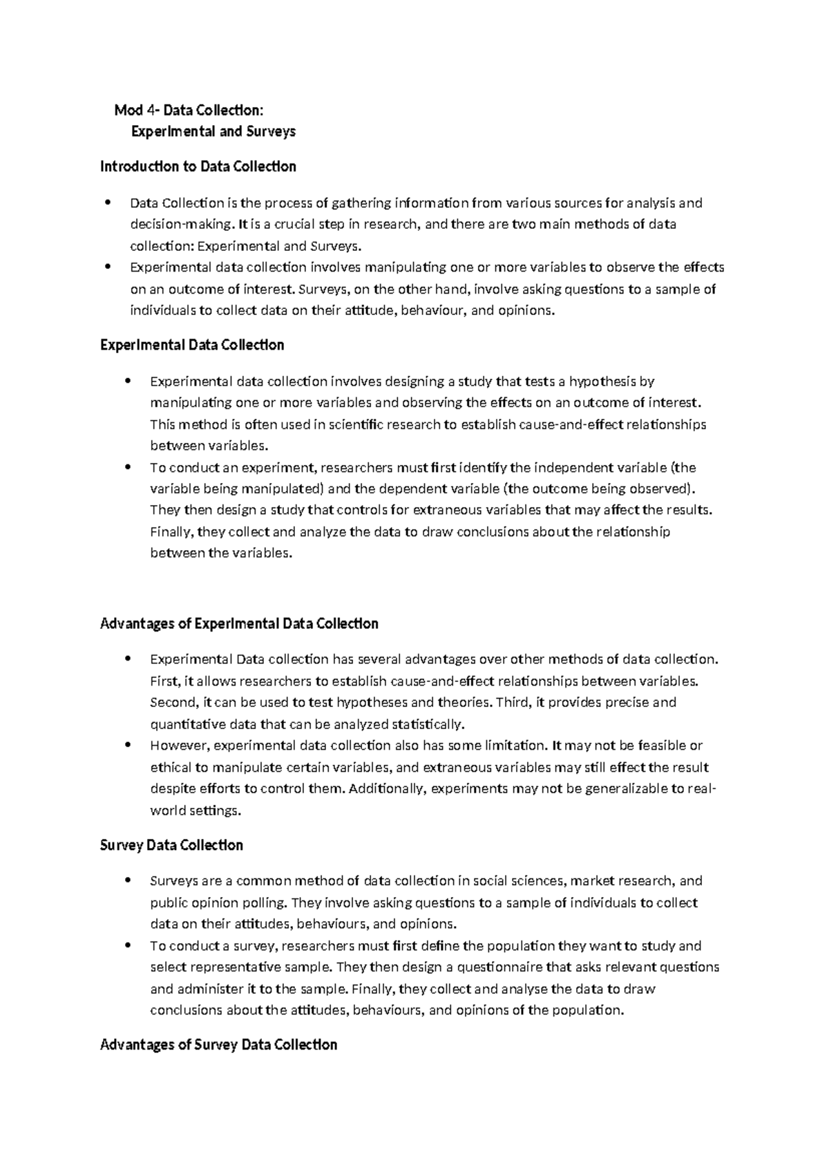 Mod 4 notes - Mod 4- Data Collection: Experimental and Surveys ...