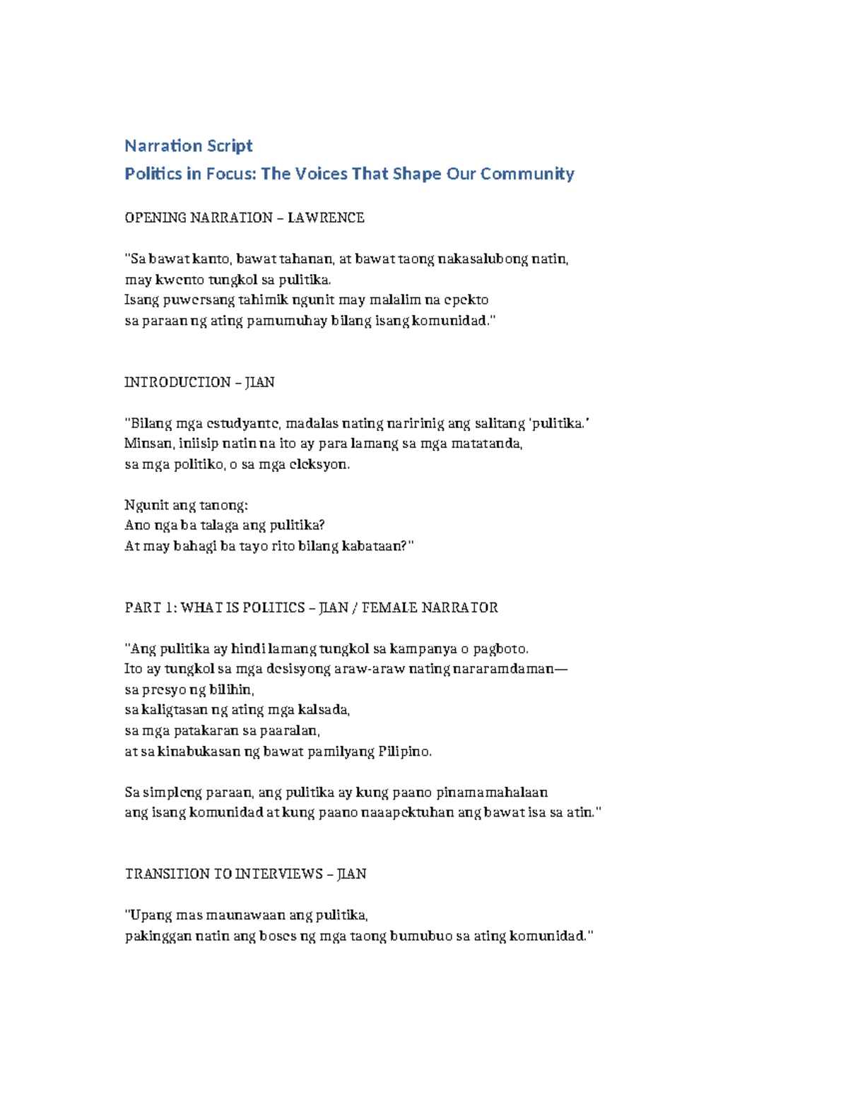Politics in Focus: Narration Script on Community Voices - Studocu