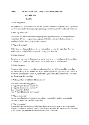 Problem Solving and Python Programming - GE3151 - Studocu