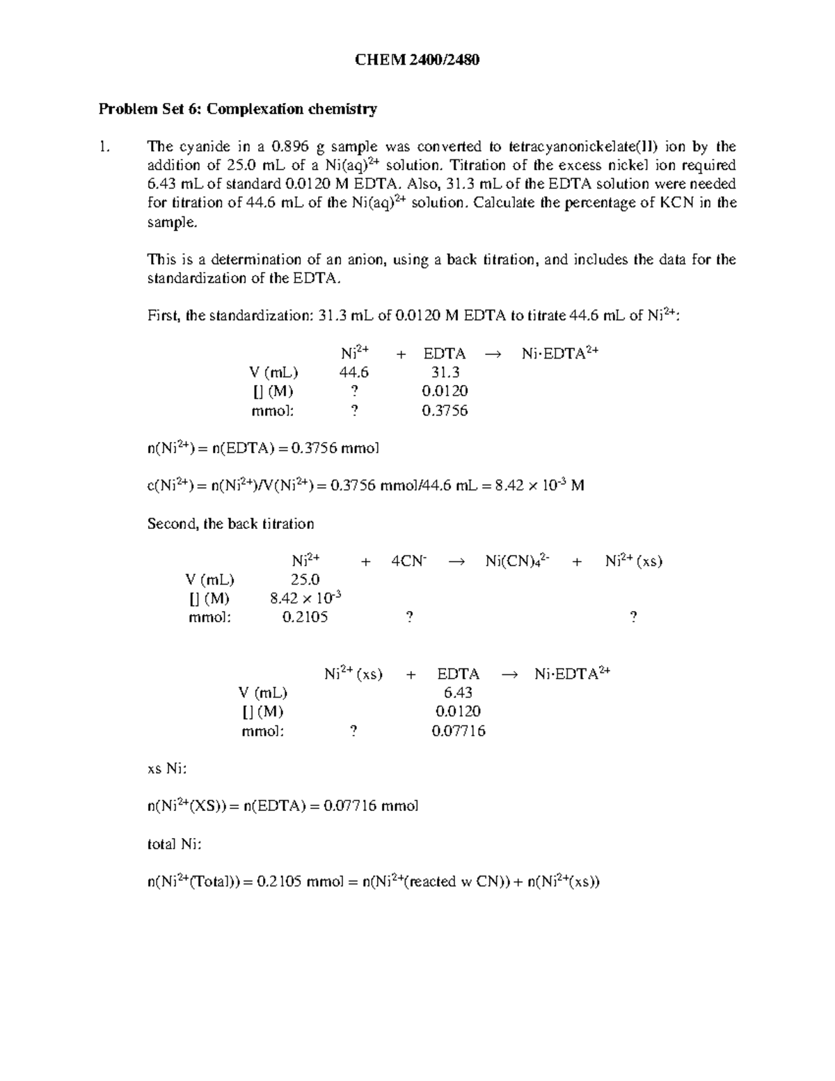 CHEM Problem Set 6 Solutions: Complexation Chemistry Analysis - Studocu