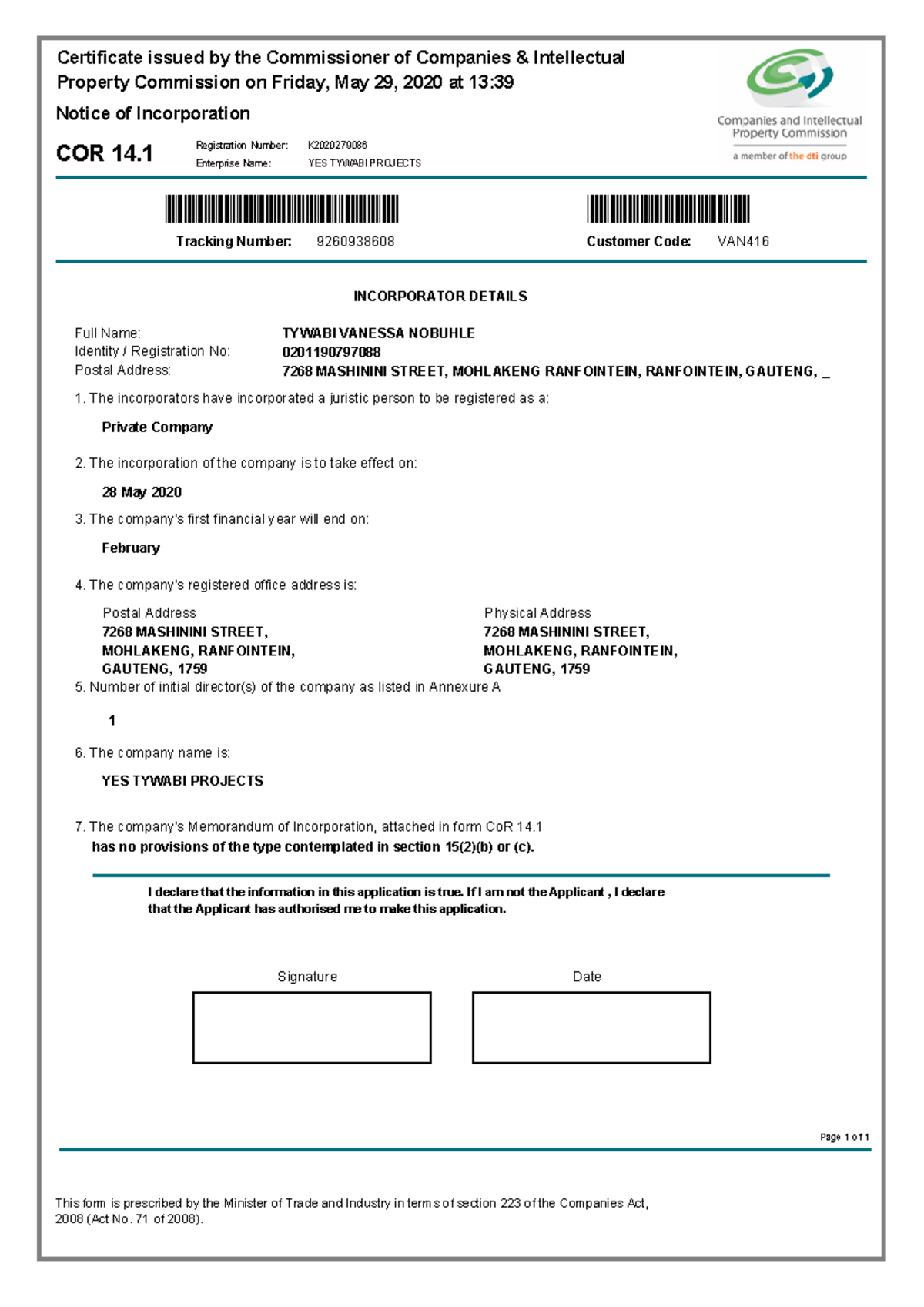 COR14.1 - Certificate of Incorporation for YES TYWABI PROJECTS - Studocu