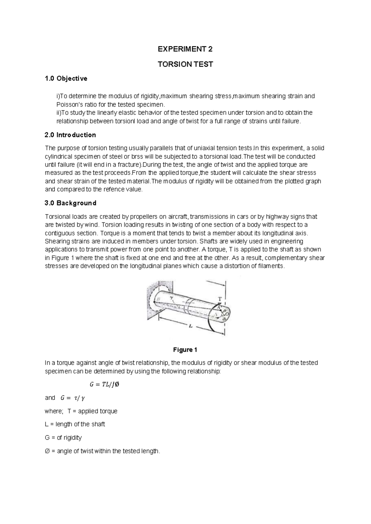 MEC291: Torsion Test Experiment - Modulus of Rigidity Analysis - Studocu