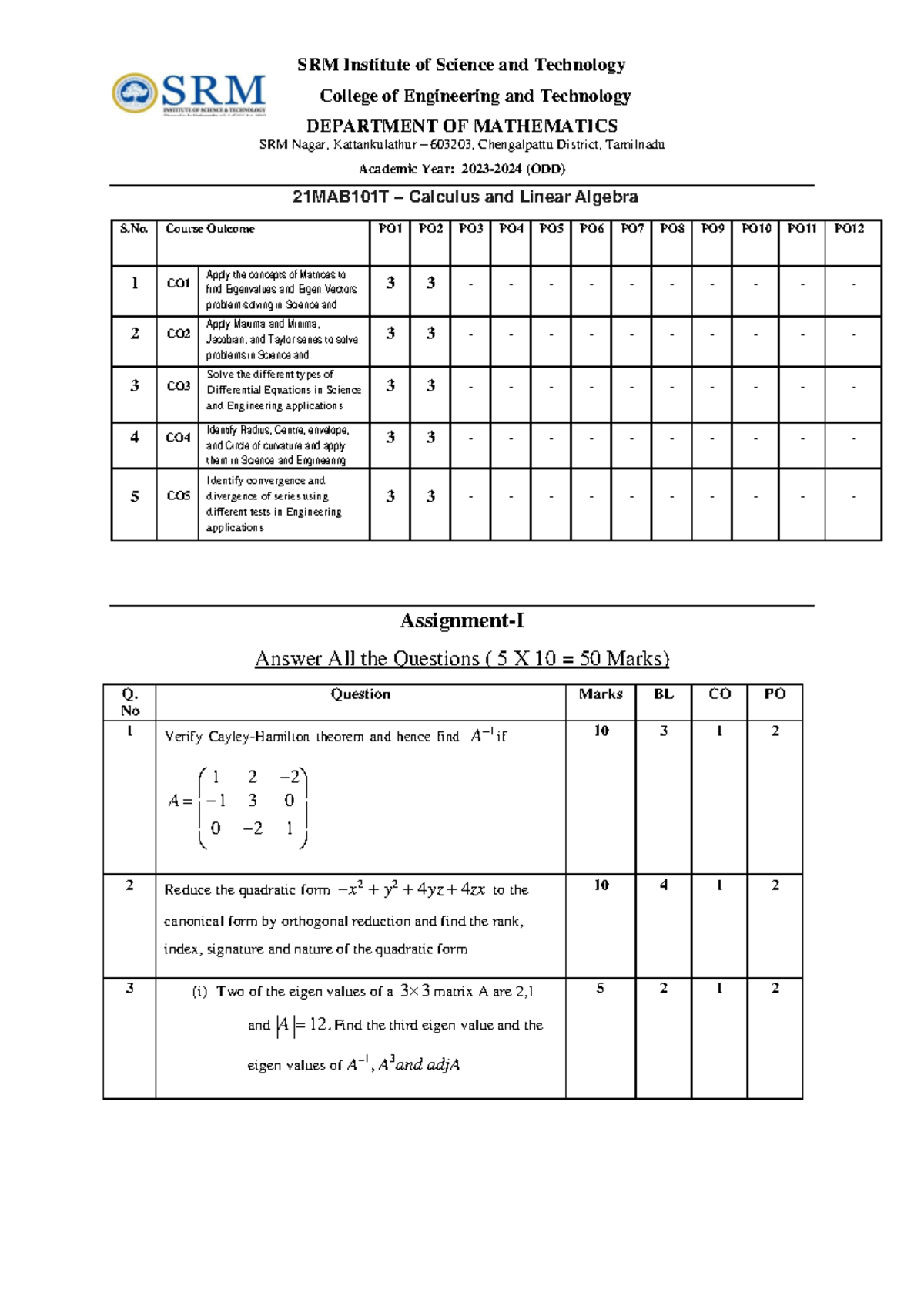 Assignment 1 21MAB101T - SRM Institute of Science and Technology ...