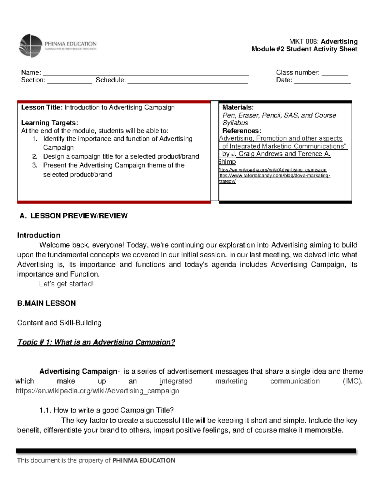 MKT 008: Lesson on Advertising Campaigns - Key Concepts & Activities ...