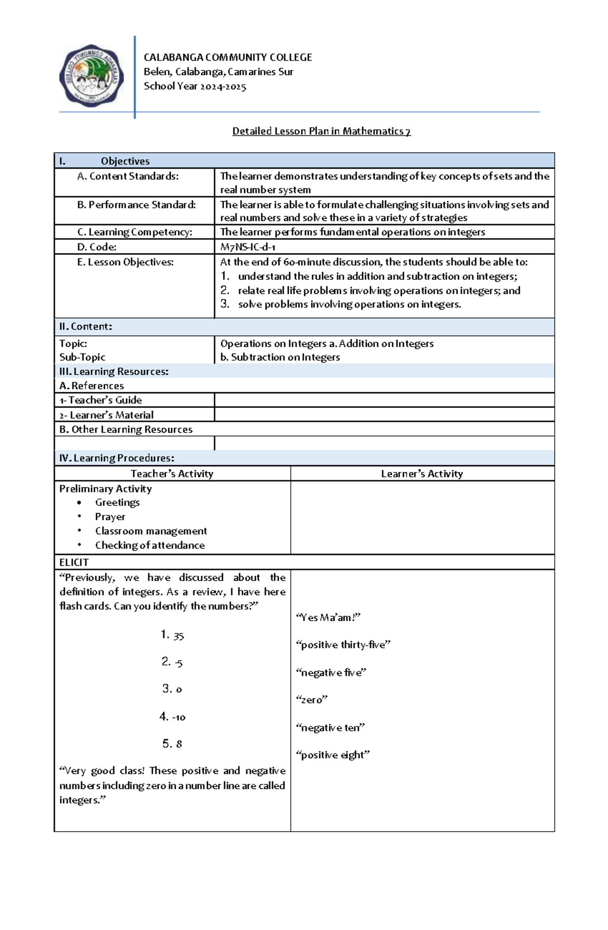 Mathematics 7 Detailed Lesson Plan: Operations on Integers - Studocu
