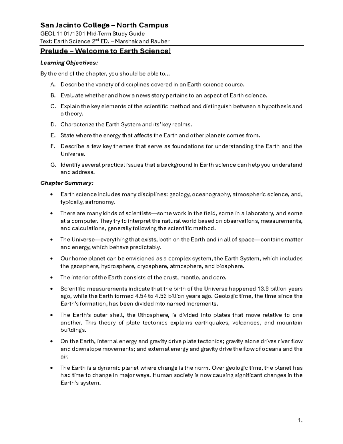 GEOL 1101/1301 Mid-Term Study Guide: Earth Science Concepts & Key Terms ...