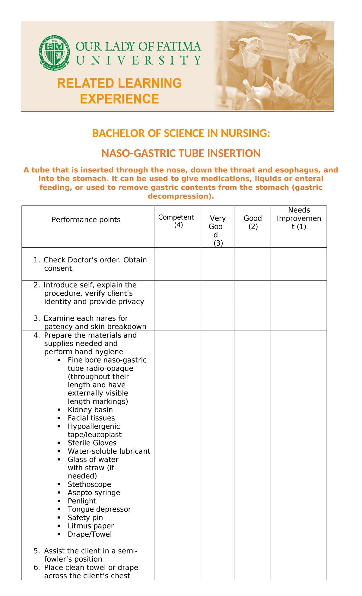 BSC Nursing: Revised Checklist for Naso-Gastric Tube Insertion - Studocu