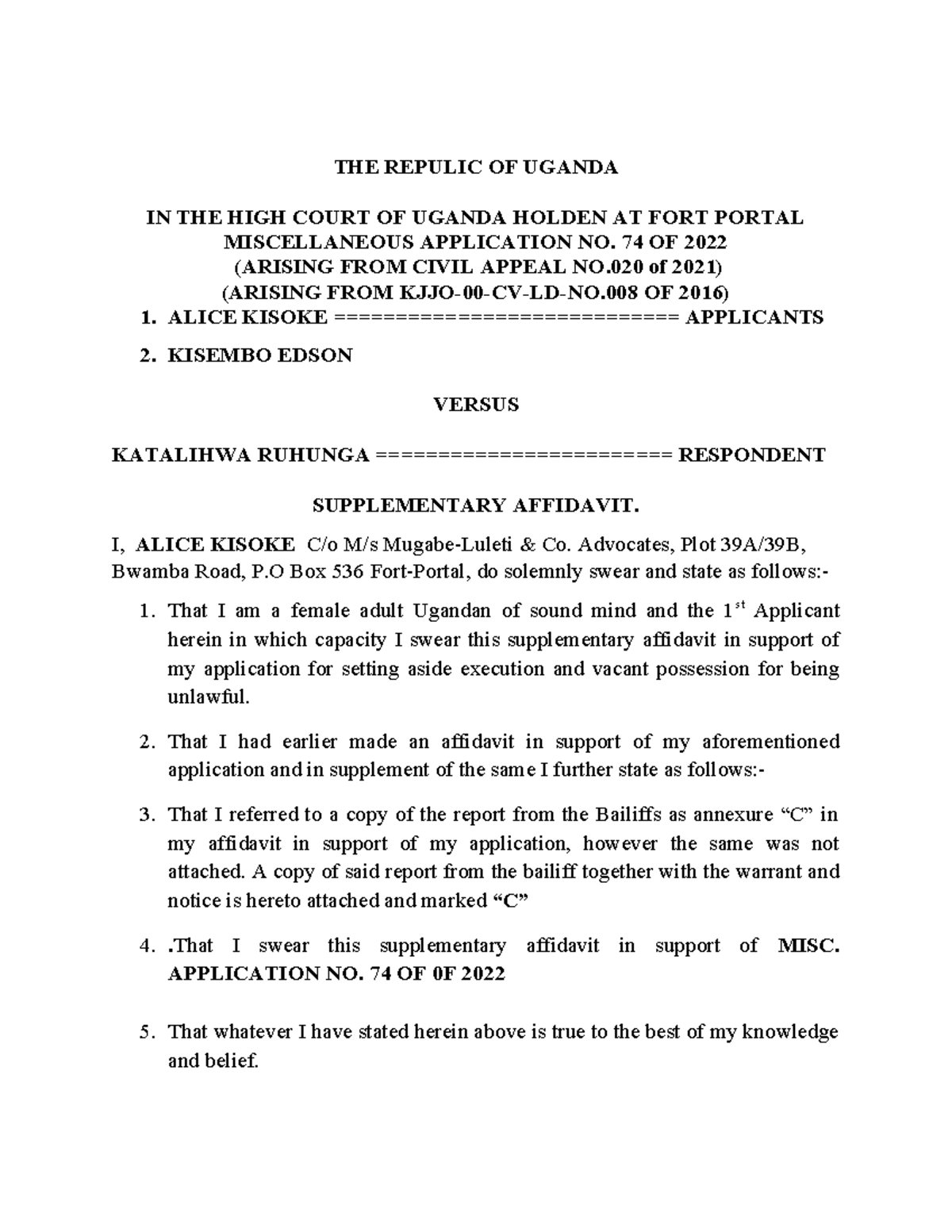MISC. APPLICATION NO. 74 OF 2022: Affidavit for Additional Evidence ...