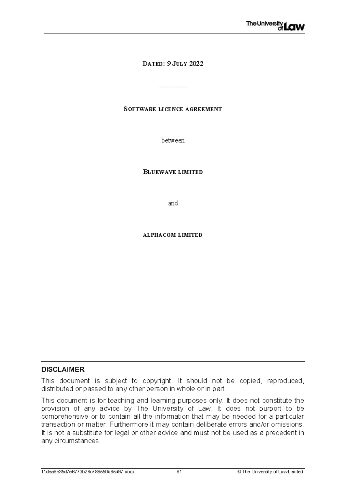 Licence Agreement between Bluewave Ltd & Alphacom Ltd - 2022 - Studocu