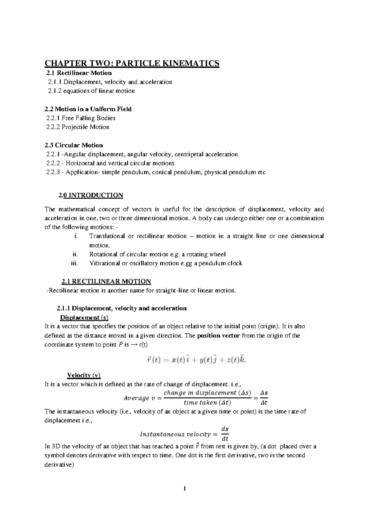 PHYS 131 Chapter 2: Particle Kinematics and Motion Concepts - Studocu
