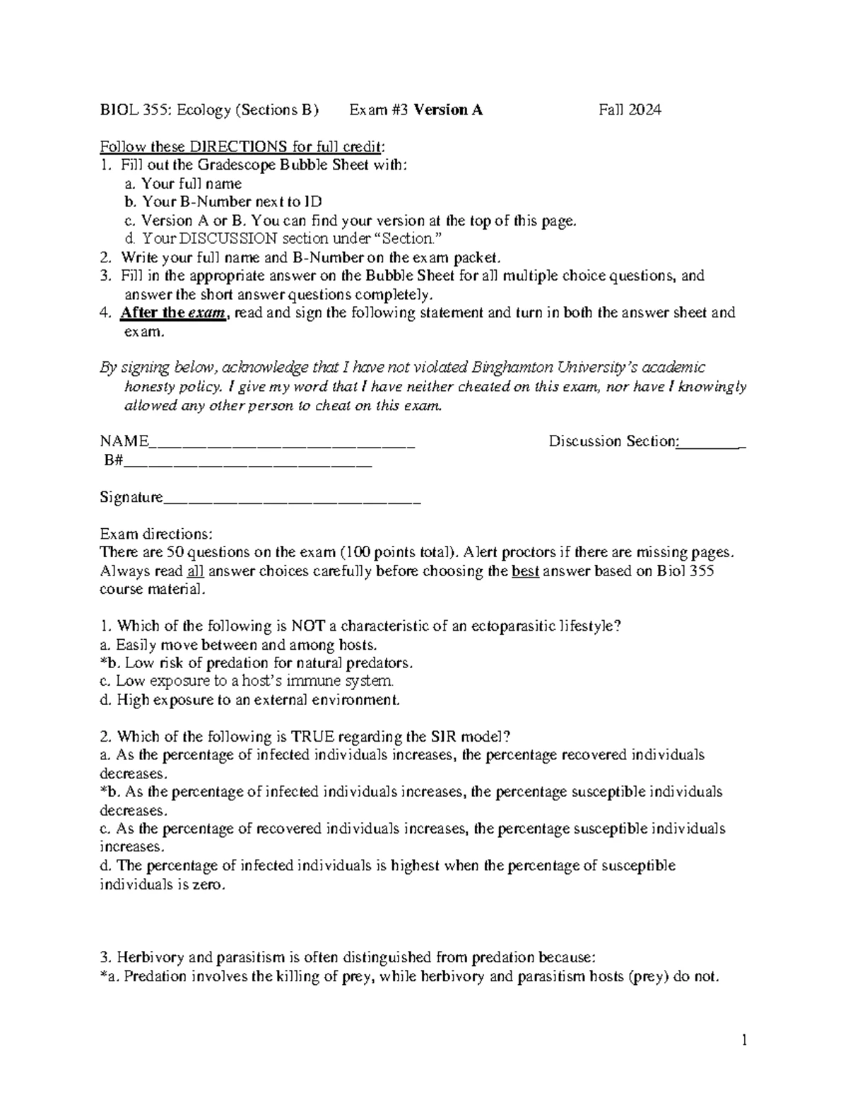 BIOL 355: Ecology Exam #1C Key - Fall 2023 Final Review - Studocu